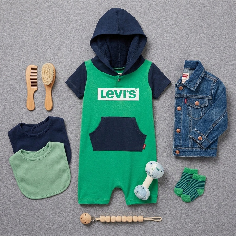 Levi's Baby Boys Hooded Romper 12M Green Navy Colorblock Short Sleeve Coverall